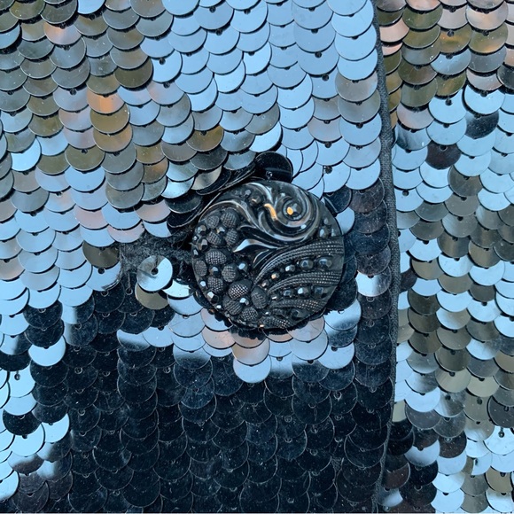 Vintage 80s Black Sequined Silk Peplum Blazer Formal Holiday Jacket Oleg Cassini - Picture 4 of 14